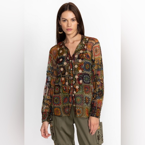New! Johnny Was Flavie Mesh Embroidered Crochet 3D Flower Blouse 🌻 Medium - Picture 4 of 16